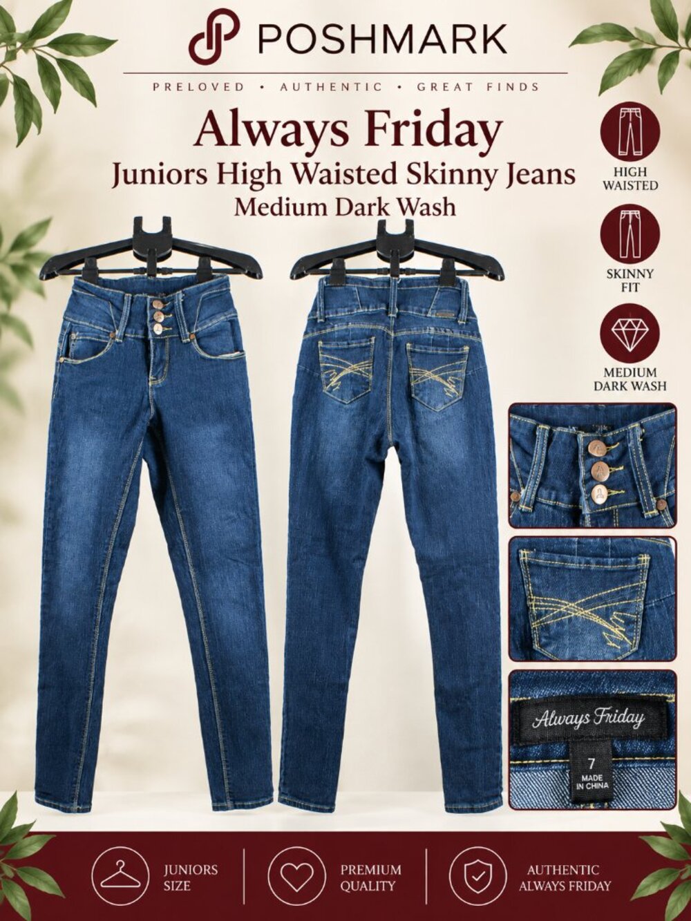 Always Friday Juniors High Waisted Skinny Jeans Medium Dark Wash 3 Button Fly Si